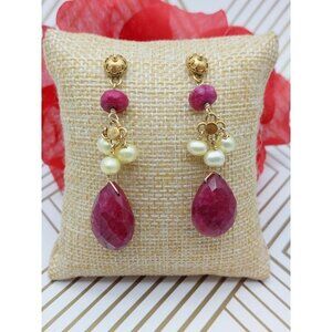 Maroon Teardrop Earrings Natural Stone 825 Gold Dangle Pearls Long 2.25"